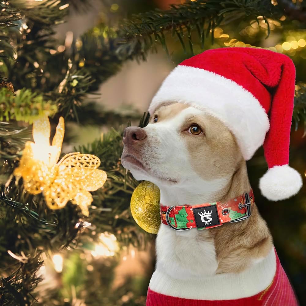 TSPRO Tactical Dog Collar 1.5 Inch Wide Thick Dog Collars with Heavy Duty Metal Buckle, Durable, Strong, Adjustable for Medium to Large Dogs (Christmas Red L)