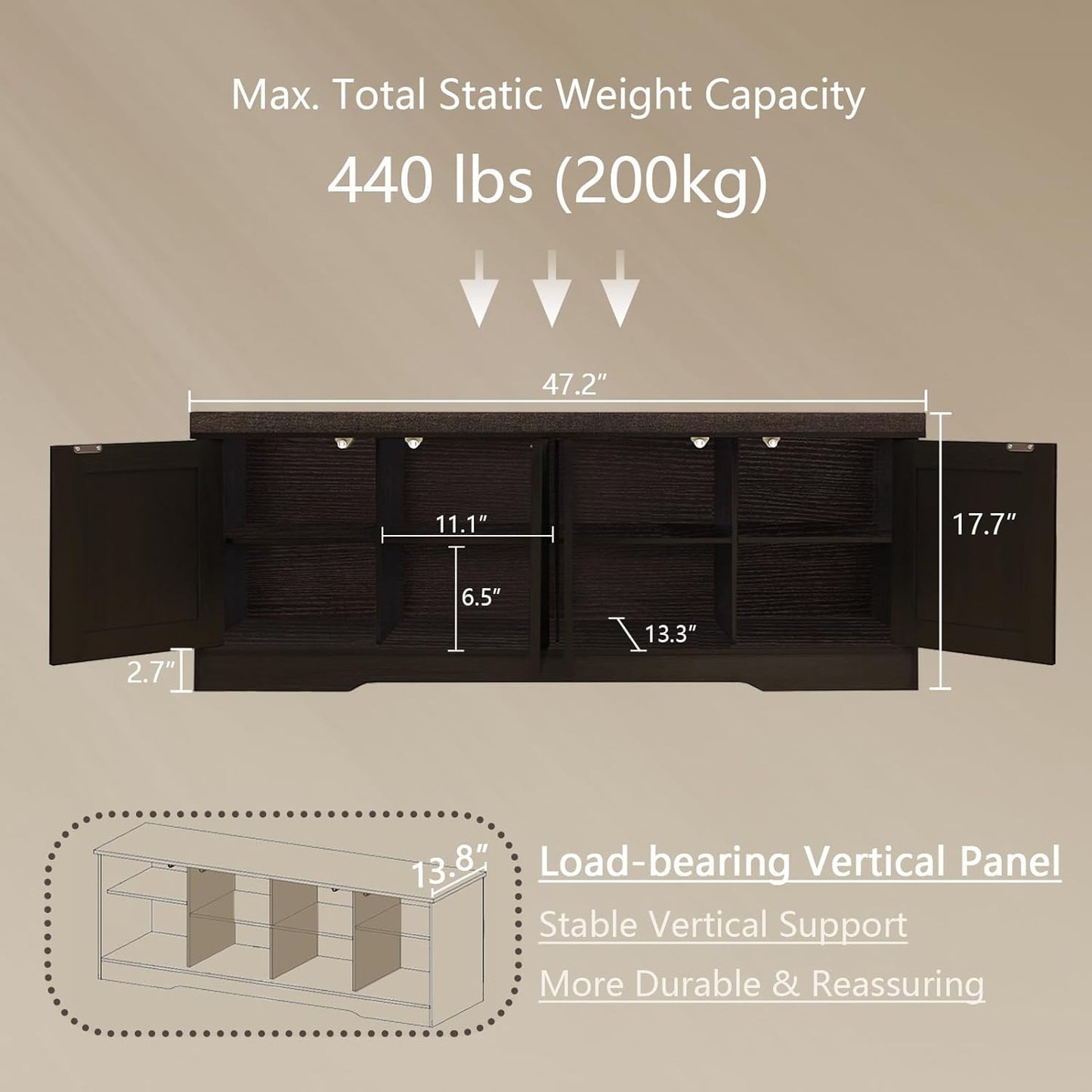 DINZI LVJ Shoe Bench, Entryway Storage Bench with Doors, Cushion, 2-Tier Shoe Rack with 8-Cubby, 47.2”L x 13.8”W Shoe Organizer Cabinet, Adjustable Shelf, Living Room, Bedroom, Espresso with Rattan