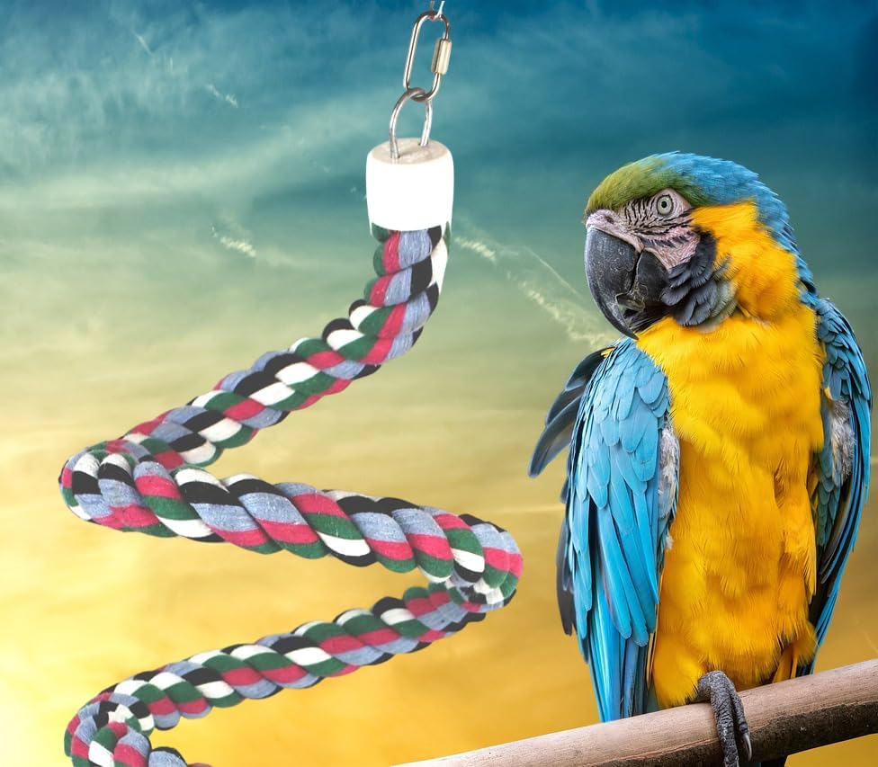 94.4inch Length Colorful Cotton Bendable Rope Perch Swing Bird Chew Toys Amazon Parrots Cage Toys with Bell Swing Climbing Standing Bungee Bird Toys for Regular to Big Size Birds