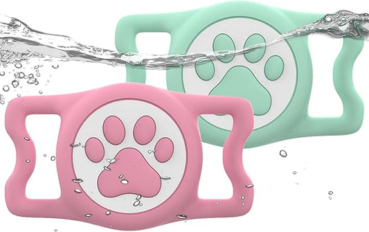 IP68 Waterpoof Dog Airtag Holder, Stretchy Silicone Full Body Covered Apple Air Tag Holder for Dog Cat Collar Fit All Width Collar (Green/Pink, 2 Pack)