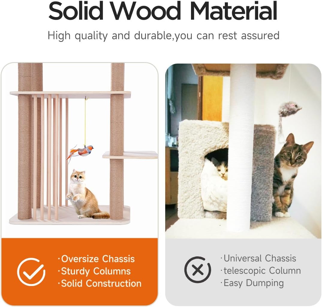 68" Large Cat Tree, Solid Wood Multi-Level Cat Tower with Scratching Posts, Fun Toys, and Washable Plush Platform for Indoor Cats