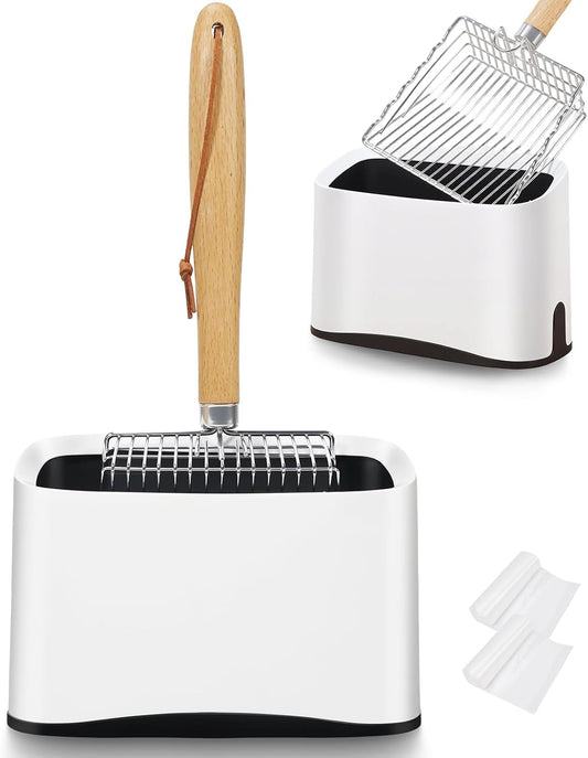 Metal Cat Litter Scoop with Holder, Poop Scooper with Stand and 2 Rolls of Garbage Bags, Heavy Duty Stainless Steel Shovel with Wooden, Quick Sifter for Easy Cleaning (Long handle-9.8" with Holder)