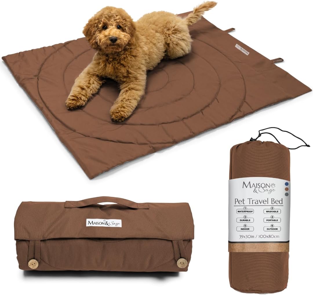Portable Dog Mat - Waterproof & Foldable Pet Bed - Ideal for Indoor, Outdoor, Cafes, Travel, Camping, Grooming & Training - 39x30 - Includes Carry Bag - Durable, Washable & Lightweight - Brown