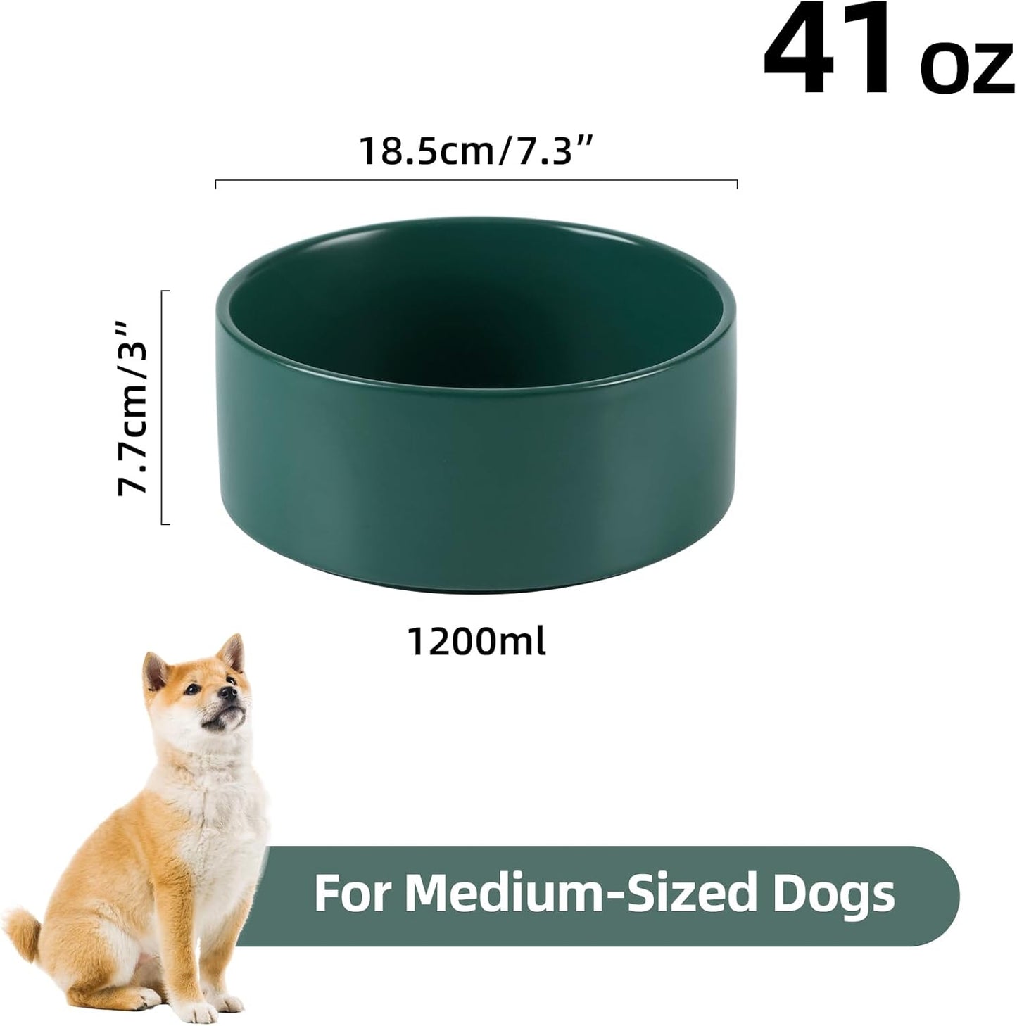 Ceramic Dog Bowl, Food and Water Bowl for Medium Breed Dog, Pet Bowl for Replacement (7.3 inch, Single Bowl, Green)