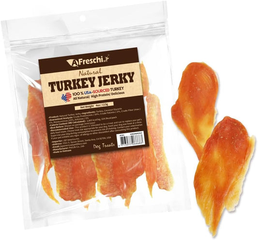 AFreschi Turkey Jerky Dog Treats – 4 oz, USA-Sourced Trukey, All-Natural, Hypoallergenic, High-Protein, Low-Fat, Healthy & Easily Digestible, Puppy & Training Snack