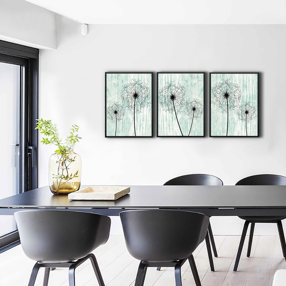AHUASJART Black Framed Wall Art for Living Room Wall decor for Bedroom Room Decor light green background Pictures Dandelion Paintings posters kitchen Home Decorations 3 Piece Framed Prints Artworks
