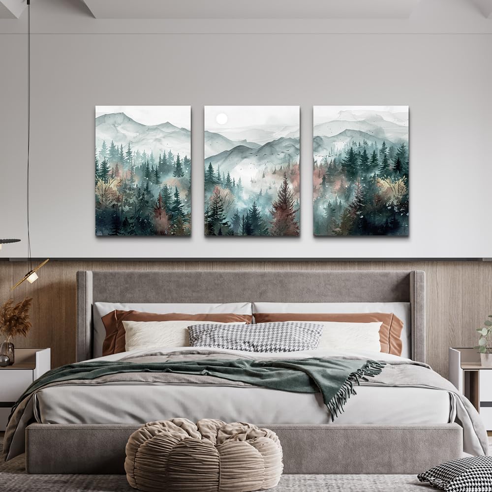 TTHYUEWS Wall Art For Living Room Farmhouse Wall Decor For Bedroom Wall Pictures for Office Fog Forest Mountain Landscape Watercolour Wall Paintings Artwork Ready To Hang Home Decorations 3 Piece
