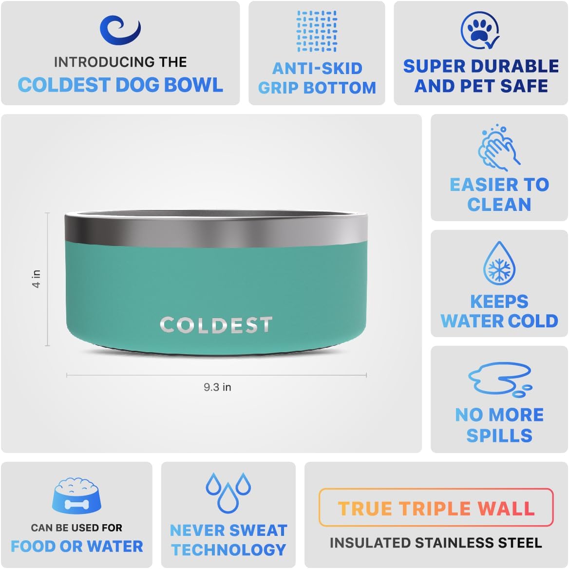 Coldest Dog Bowl - Anti Rust Metal, Non Slip, 3 Layers Insulated Stainless Steel Dog Bowls - Spill Proof & Heavy Duty - Water Bowl for Dogs, Cats & Pets, Dish Washer Safe (100 oz, Terraform Green)