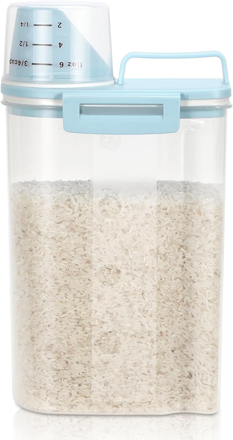TBMax Rice Storage container 4 Lbs, Small Rice Dispenser with Measuring Cup, Blue Cereal Containers Flour Bin, Kitchen Food Storage Container and Pantry Organizers, Pet Dog Cat Food Dispenser