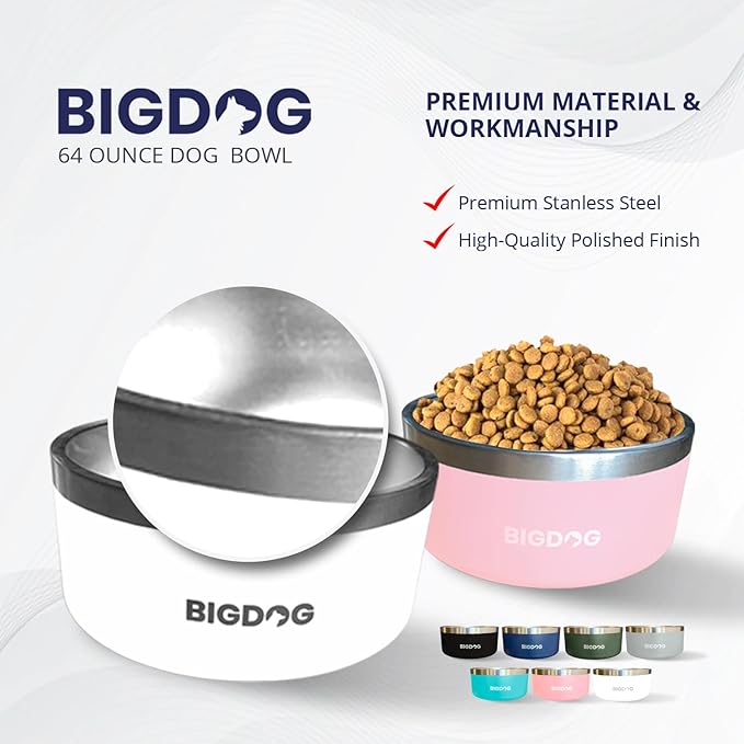 BIGDOG Dog Bowls, Large Dog Bowls, Stainless Steel, No Spill, 64 Ounce, White