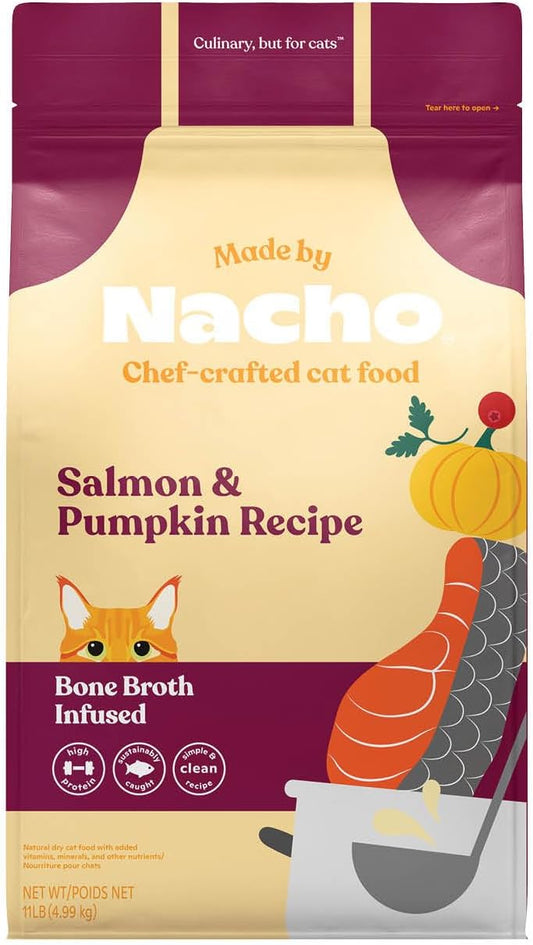Made by Nacho Dry Cat Kibble 11lb Bag, High Protein and Grain-Friendly Premium Cat Food, Sustainably Caught Salmon and Pumpkin, Infused with Bone Broth for Hydration, Limited Ingredients, Single Bag