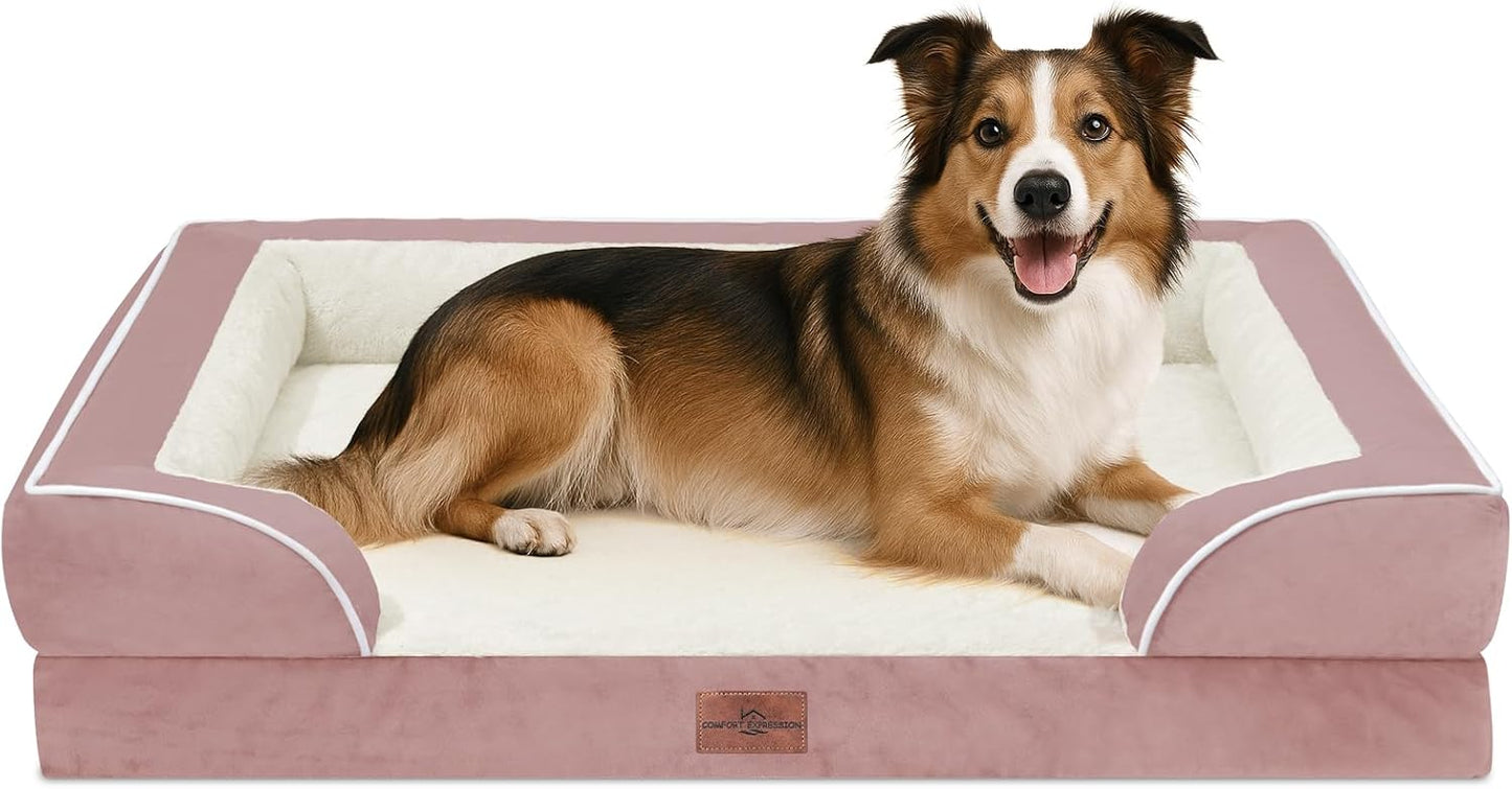 Comfort Expression Large Dog Beds Waterproof Orthopedic Foam Dog Sofa Beds Comfy Pet Bed with Washable Removable Cover & Non-Slip Bottom(Large,Pink)