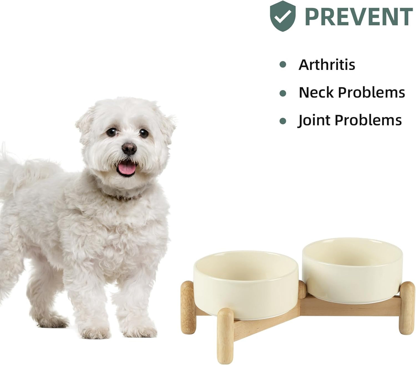 Ceramic 5.1inch Raised Double Bowls Set with Wooden Stand, Elevated Food & Water Bowls for Small Breed Dogs, Cats, Kitty, Weighted Dog Dishes, Pet Bowls(13.5oz, Beige)