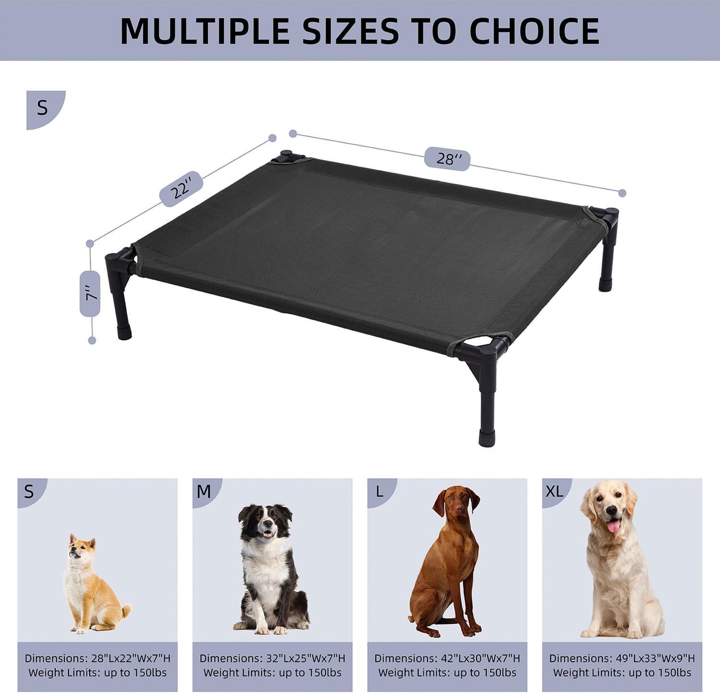 pettycare Elevated Outdoor Dog Bed - Dog Cots for Small Pet, Heavy Duty Raised Cot Waterproof, Cooling Pets Bed with Washable Durable Teslin Mesh and Non Slip Feet, 28 Inches, Black