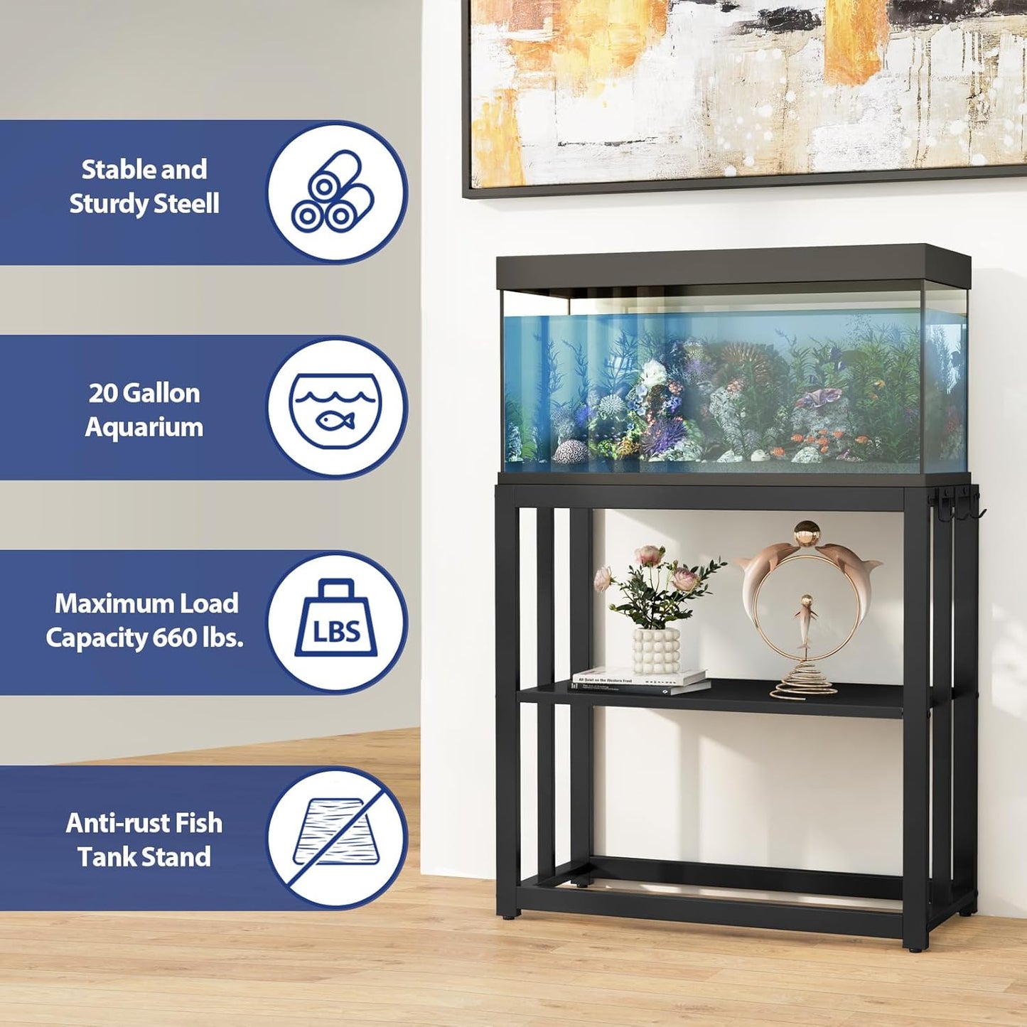30.7" W x 13" Inch for 20-29 Gallon Long Fish Tank Stand With Storage Shelf, Aquarium Stand With Hooks,Heavy Duty Metal Turtle Reptile Tank Stand, Easy Assemble