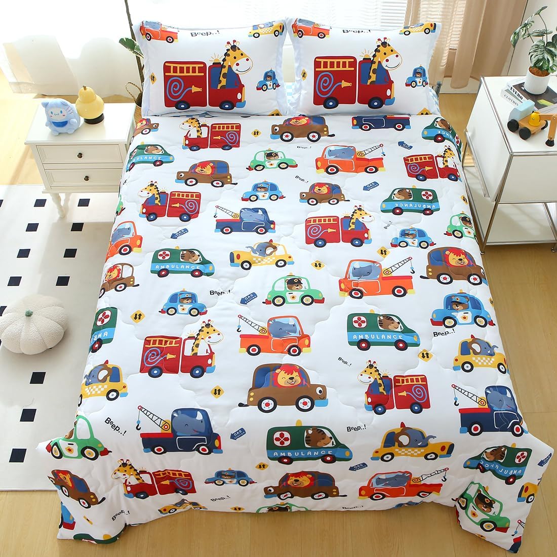 Kids Cars Animal Comforter Set Twin Size for Boys Girls Teens 7 Piece Cartoon Construction Fire Truck Excavator Police Ambulance Lion Cat Dog Elephant Bedding Set Bed in A Bag,Colourful