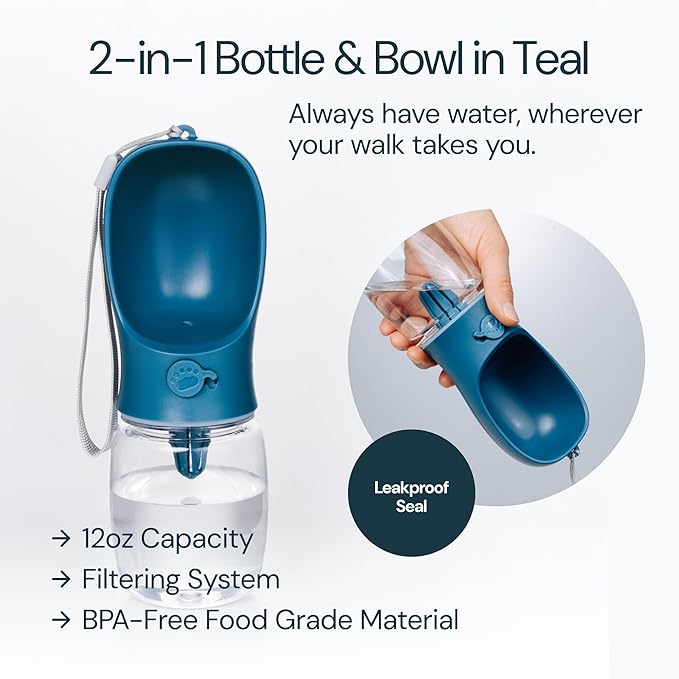 MalsiPree Walking Set with Retractable Dog Leash, Poop Bag Holder, Leak Proof 12 Oz Dog Water Bottle, Flashlight & 20 Poop Bags - 9.8ft Leash Retractable for Small to Medium Pet (Sand & Teal, 12 Oz)