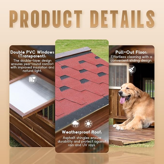 Extra Large Dog House Outdoor Made of Solid Pine Wood, Warm Doghouse, Dog House with Elevated Floor for Large Dogs, (Wood, 3XL)