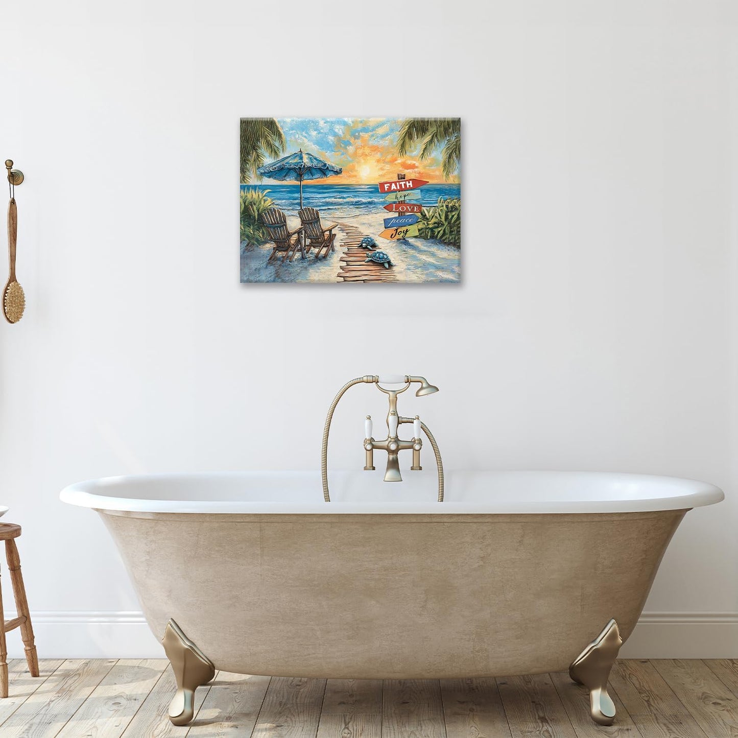 Beach Ocean Bathroom Pictures Wall Art, Seaside Coastal Bathroom Wall Decor, Sunrise Framed Painting Canvas Artwork for Bedroom Living Room Decorations 16"L x 12"W