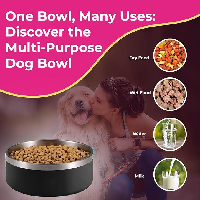 Bright Pink Dog Bowl for Small Dogs, 32 oz Non Slip Stainless Steel Pet Bowl, Vacuum Insulated Pet Bowl That Keeps Water Cool (32 oz, Bright Pink)