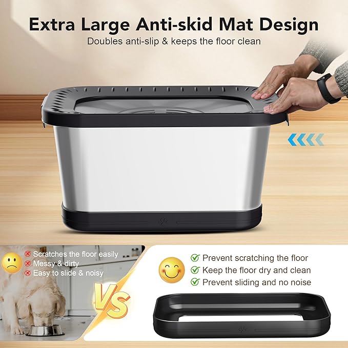 Decflow 7L Stainless Steel Dog Water Bowl, No Spill Anti-Splash Dog Bowls with Anti-Skid Mat, Spill-Proof Slow Feeder for Messy Drinkers, Heavy Duty Pet Bowls for Indoor/Outdoor Use Black