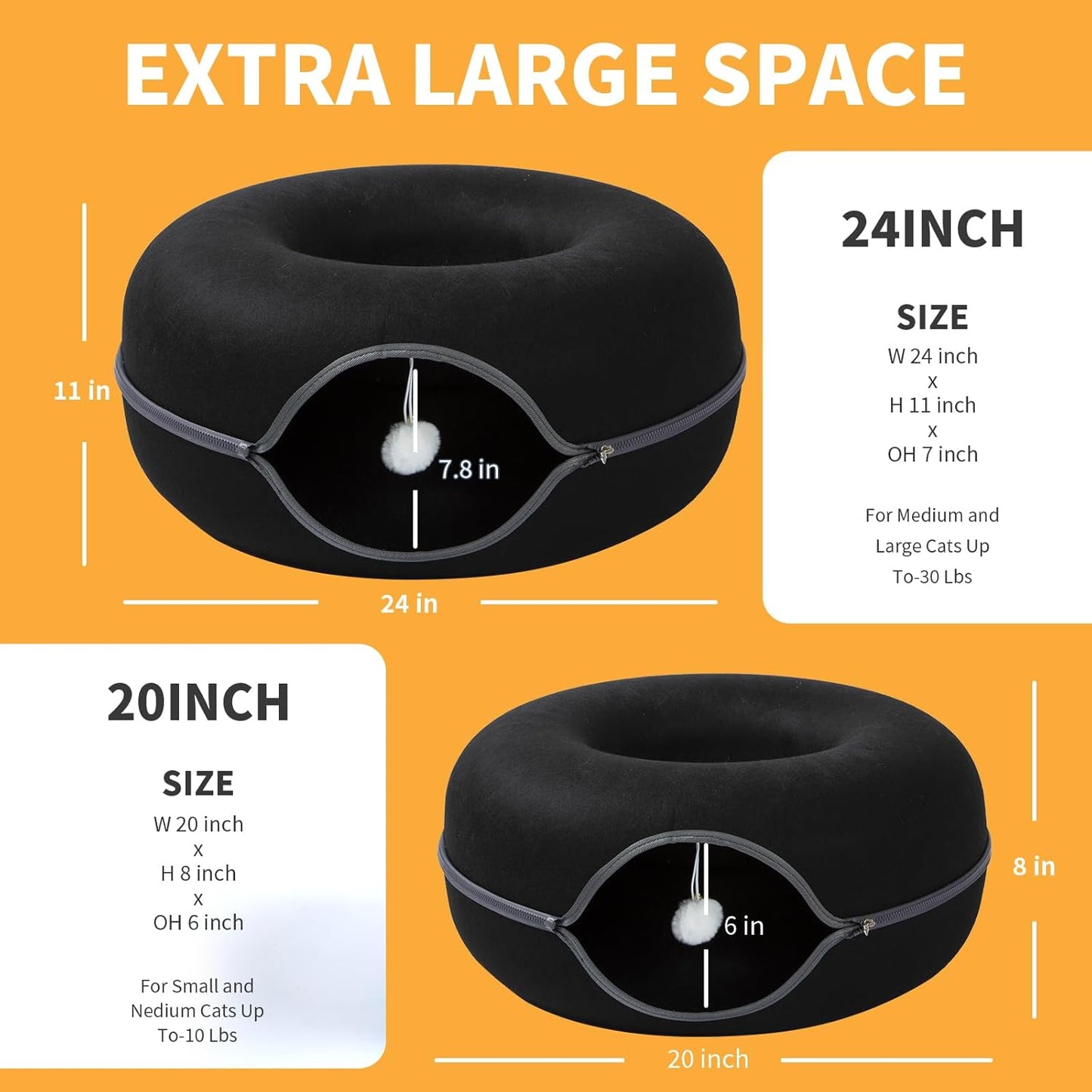 Jia Xi Cat Tunnel Bed - Large Indoor Cat Condo and Cave, 24 inch, Black