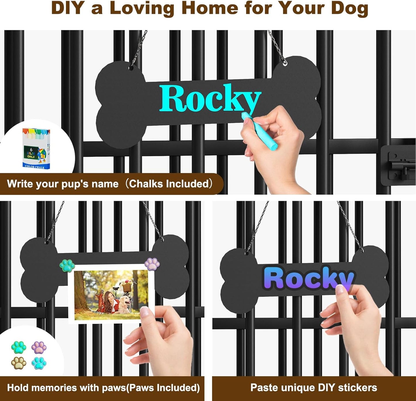 Easycom 41" Dog Crate Furniture Foldable, No Assembly Decorative Dog Kennel Indoor, Dog Crates for Large Dogs, Wooden Dog Cage with Adjustable Bowls and Name Tag, End Table, Rustic Brown