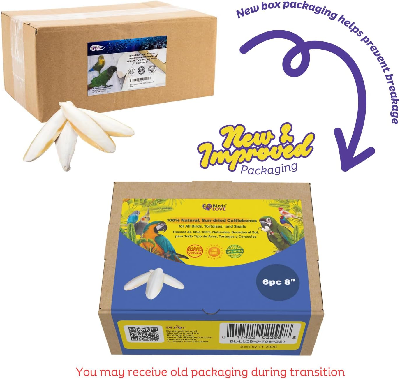 Birds LOVE Natural Cuttlebone – Premium Calcium & Trace Mineral Supplement for Tortoises, Snails, Parakeets, Cockatiels, and All Birds - 6 Pack of 7.5 to 8"