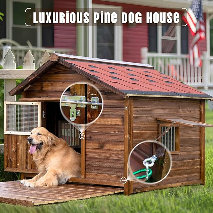 Extra Large Dog House Outdoor Made of Solid Pine Wood, Warm Doghouse, Dog House with Elevated Floor for Large Dogs, (Wood, 3XL)