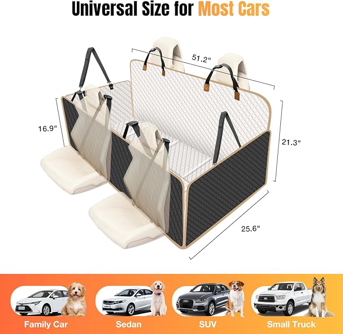 Dog Car Seat Cover for Back Seat, Dog Car Bed Cover with Strong Hard Bottom, Car Back Seat Extender Hammock for Car SUV Truck 4 Panels Beige Color