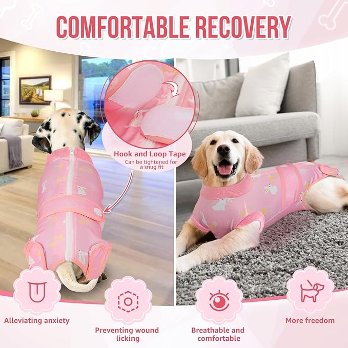 Lukovee Recovery Suit for Dogs, Zipper On Recovery Suit for Female Male Dog, Onesie Abdominal Wounds Cone E-Collar Alternative Prevent Licking Spay Recovery Suit (Pink, XXL)