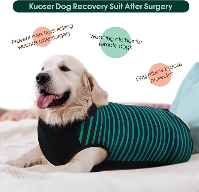 Kuoser Dog Recovery Suit, Anti Licking Dogs Rear Leg Sleeve, Abdominal Dog Surgical Suit with Pants Cover Protect Wounds, Dogs Elbow Protector Soft Pet Surgery Onesie Cone Alternative, Green L