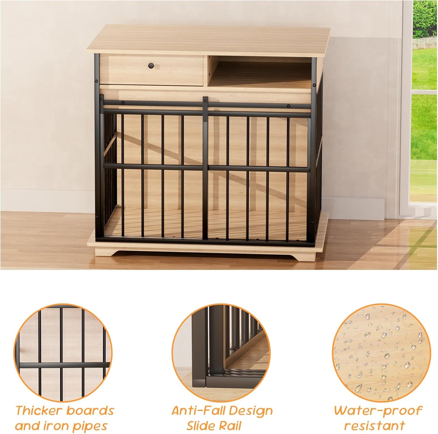 35.5" Dog Crate Furniture, Wooden Dog Crate Furniture for Medium Small Dogs, Wooden Dog Kennel End Table with Drawer and Open Shelves, Sliding Door Dog Kennel Furniture