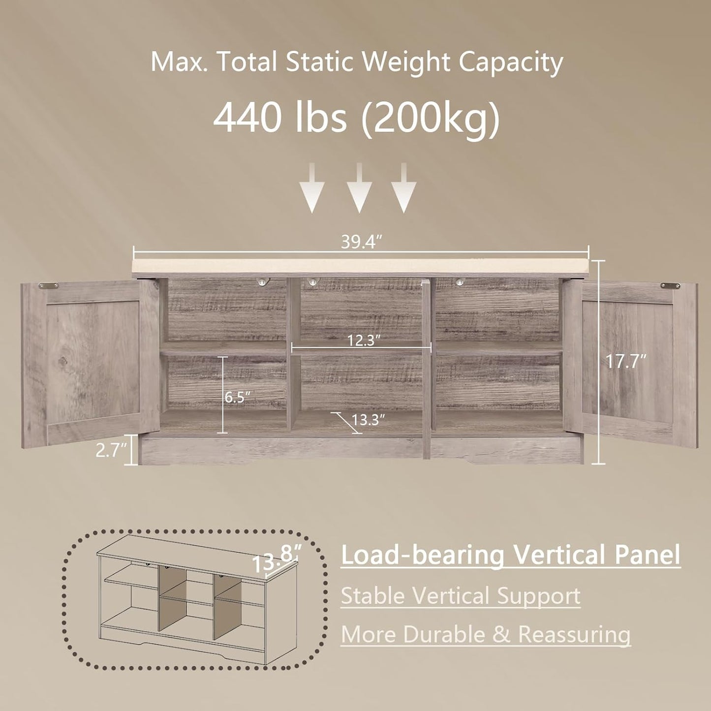 DINZI LVJ Shoe Bench, Entryway Storage Bench with Doors, Cushion, 2-Tier Shoe Rack with 6-Cubby, 39.4”L x 13.8”W Shoe Organizer Cabinet, Adjustable Shelf, Living Room, Bedroom, Greige