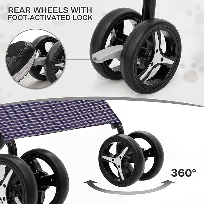 MoNiBloom 4 Wheels Pet Stroller, Easy-Fold Umbrella Shaped Dog Cat Jogger Stroller w/Storage Bag & Visible Mesh for Small/Medium Dogs Cats Plaid