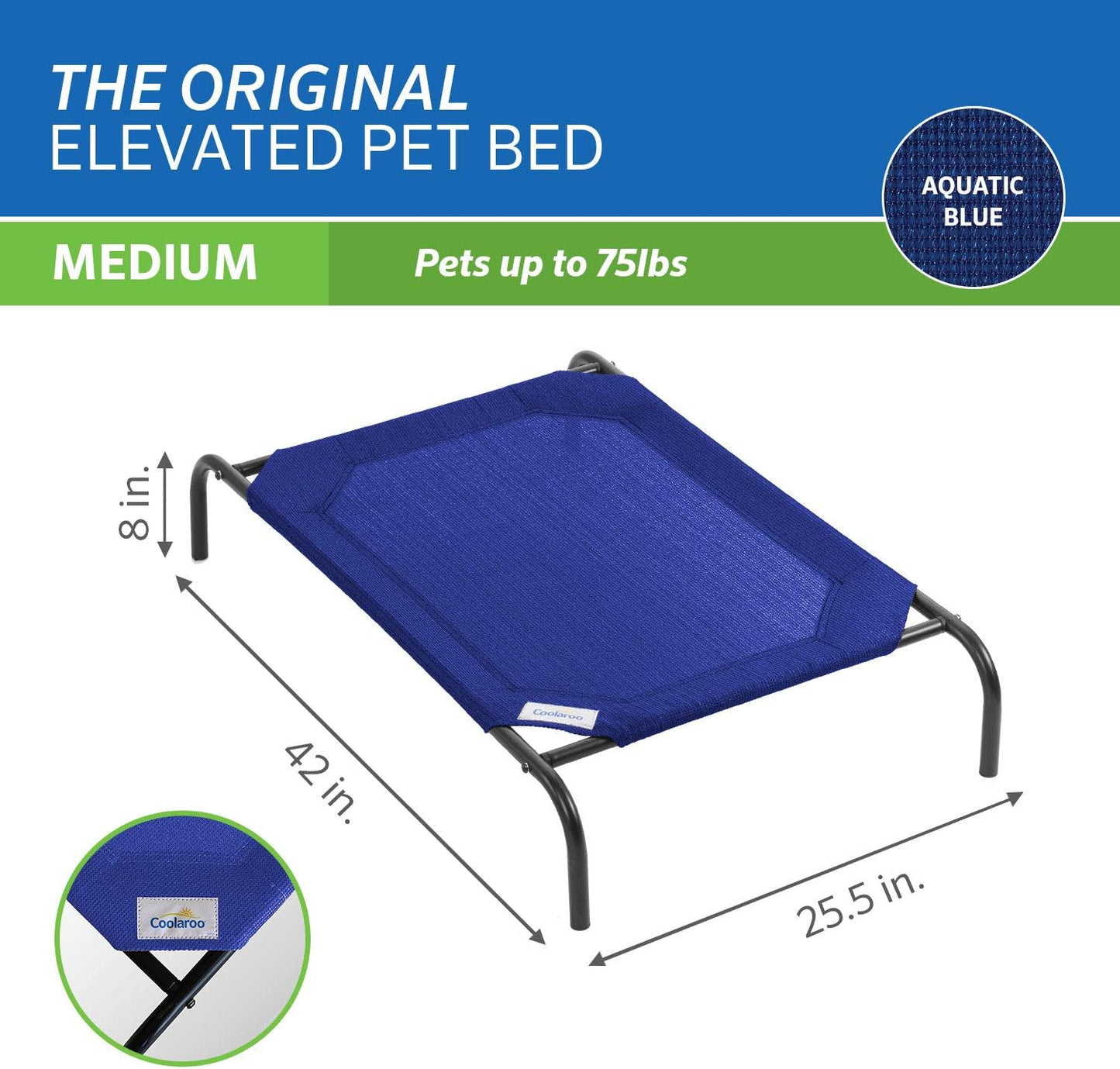 Coolaroo Original Elevated Dog Bed - Breathable Off-The-Ground Pet Bed with Cooling Fabric, Joint Relief & Moisture-Resistant Fabric, 100% Recyclable, Easy Clean, Aquatic Blue, Medium