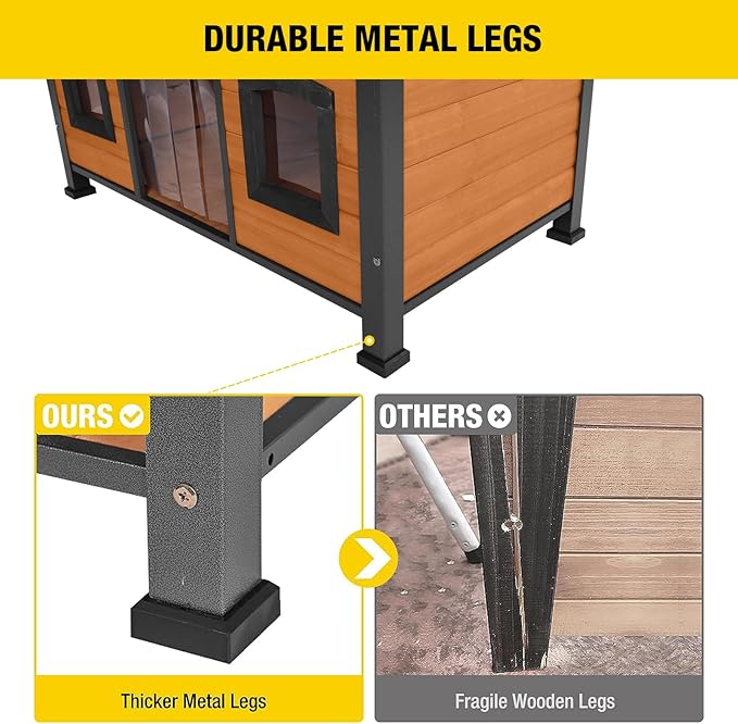 Aivituvin Large Dog House Anti-Chewing Metal Frame Design Insulated Wooden Dog Kennel with Unique Design Roof, Weatherproof Dog House for Outdoor Indoor