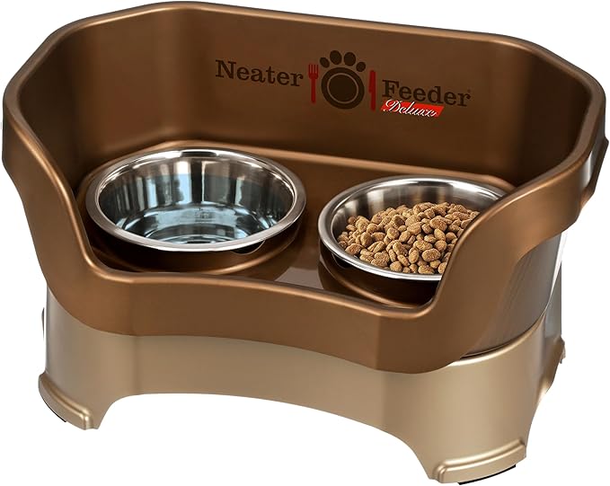 Neater Pet Brands Neater Feeder Deluxe Mess Proof Dog Bowls Elevated for Medium Dogs 19-40 lbs, Made in USA, No Spill Raised Dog Food Bowl Stand Feeding Station, Food and Water Bowl Set, Bronze