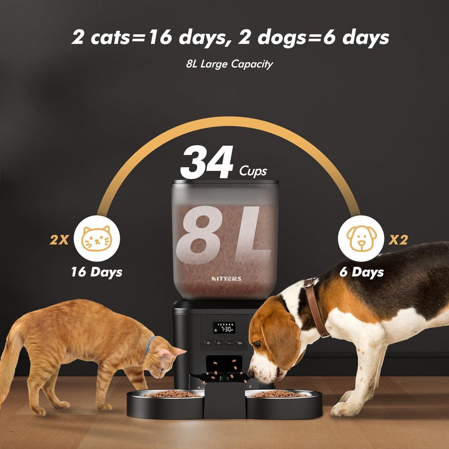 Automatic Cat Feeder for 2 Cats - 8L/34 Cups Large Capacity Auto Cat Food Dispenser with LCD Screen, 2 Food Trays, Timed Feeder, Up to 50 Portions 6 Meals Per Day, Keep Fresh