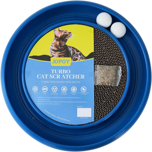 Interactive Cat Scratcher with Two Rotating Balls,Durable Scratch Pad for Indoor Play,Cardboard Cat Scratcher Pad with Cat Toy Ball Track and Catnip,2-in-1 Cat Toy (Blue)