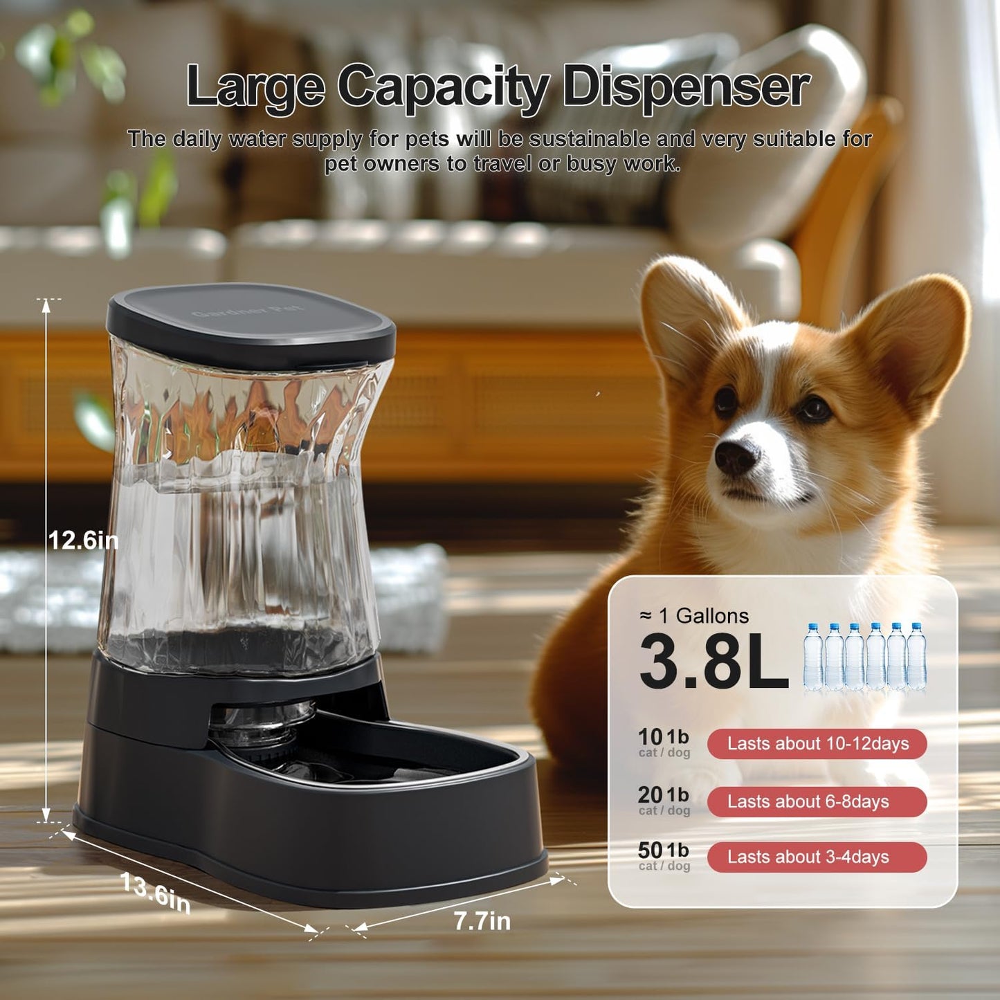 Gardner Pet Automatic Dog Water Dispenser Gravity Stainless Steel Water Waterer Feeder, 100% BPA-Free Large Capacity Water Feeding Bowls for Medium & Large-Sized Dogs Cats Other Pets -(1 Gallon)