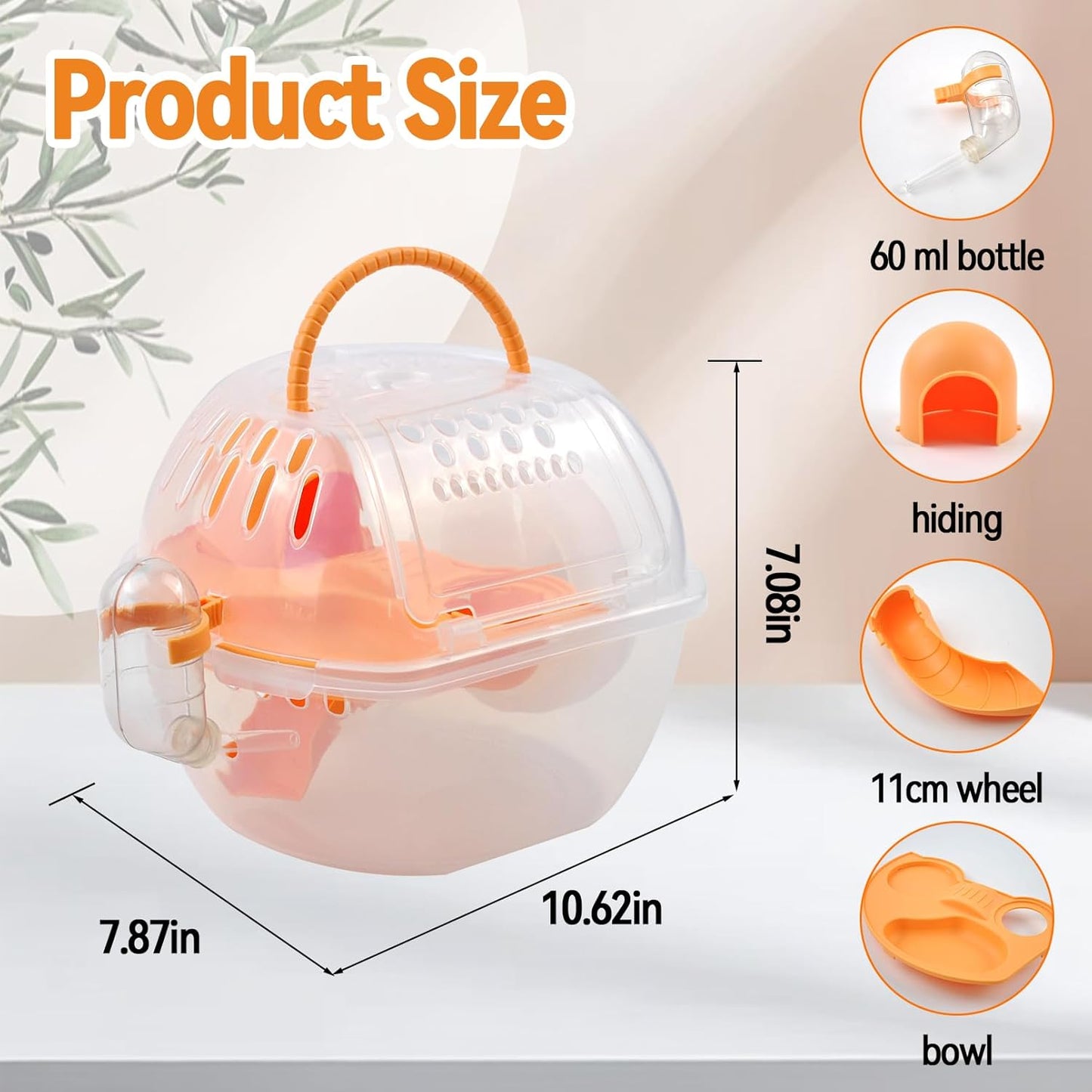 Carrier Cage for Hamster Portable,Lightweight Hamster Travel Carrier with Exercise Wheel Water Bottle,Plastic Small Rat Travel Cage Breathable Orange Outdoor Pet Case for Little Rats Mice