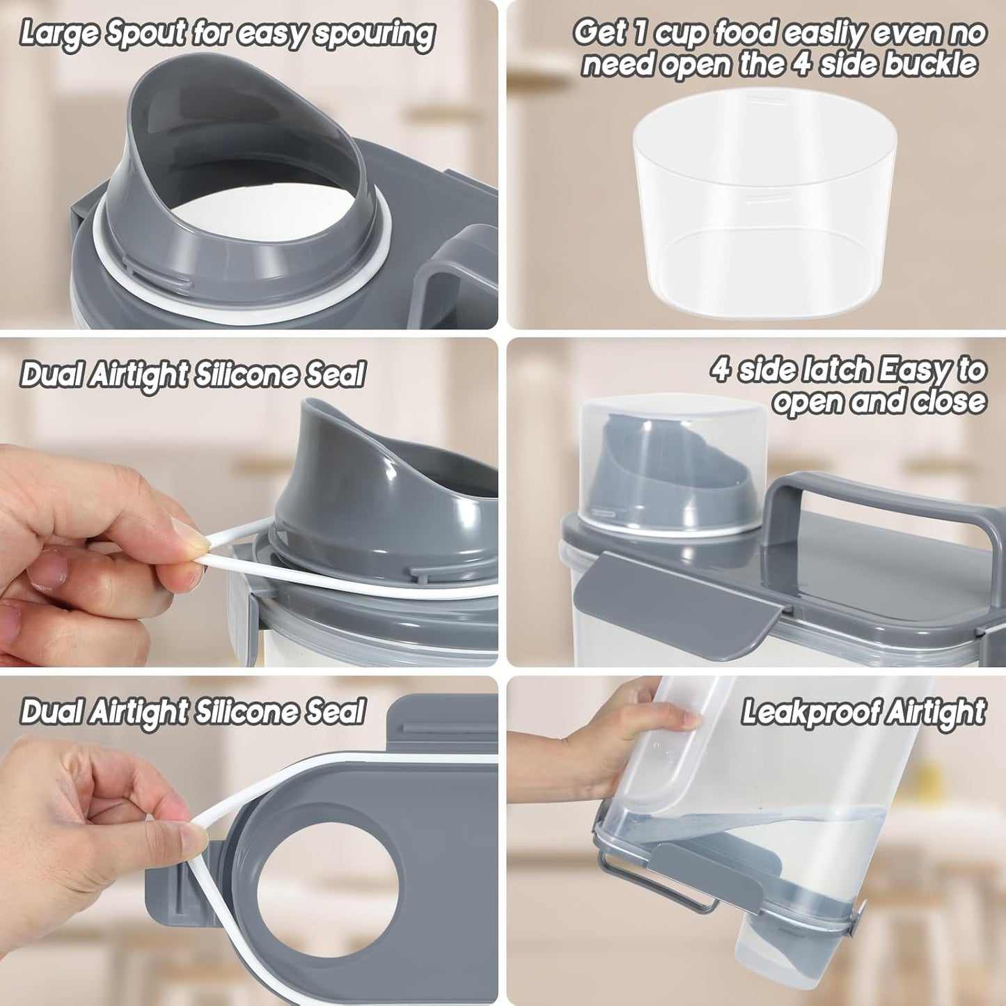 Large Spout Pet Food Storage Container, 5-7LBS/6Qt/5L Meter Dispenser with Handle, Measuring Cup, Double Sealing Tape and 4 Safety Snaps to Seal Dog Food and Cat Food-Gray Blue