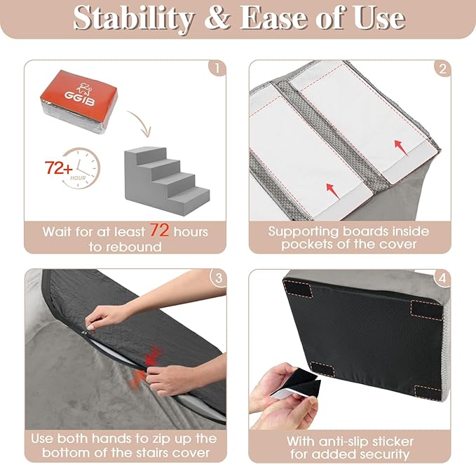 GGIB Non-Slip Pet Stairs for Small Dogs & Cats - 4-Step, Removable Washable Cover, Light Grey, 17" H