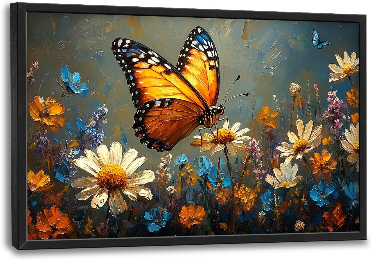 Large Butterfly Daisy Wall Art for Living Room, Floral Landscape Canvas Oversized Wall Decor, Flower Scenery Aesthetics Framed Pictures Painting Print Artwork for Bedroom Office 36"L x 24"W