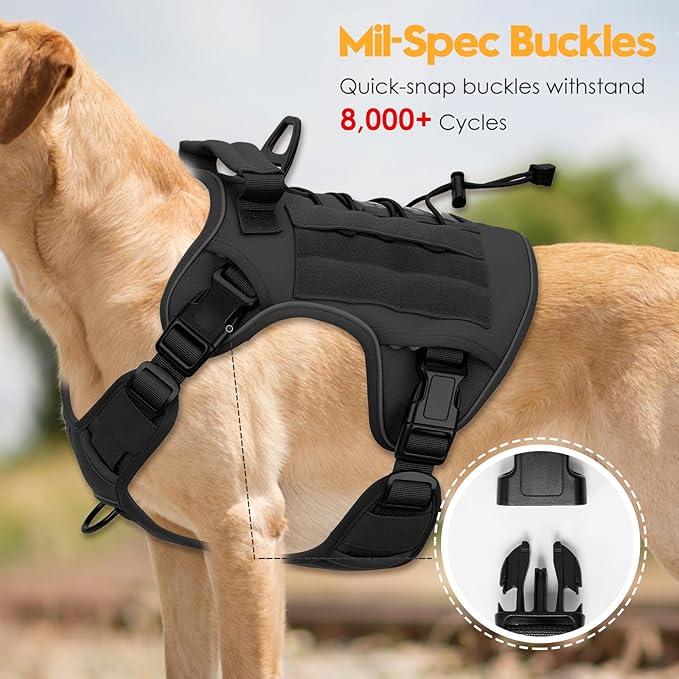 Heavy-Duty Tactical Dog Harness for Large Dogs, No Pull Adjustable Reflective Pet Vest with Molle System, K9 Military-Grade Control for Service Training, Outdoor & 10+ Breeds, Black, XX-Large