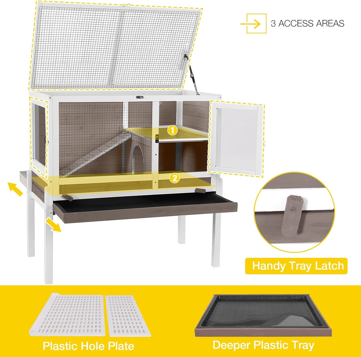 Aivituvin Rabbit Hutch with Stand Wooden Bunny Cage Indoor 2 Story Guinea Pig House with Anti Chew Ramp, No Leak Tray, Hideout, Wire Mesh (Brown)