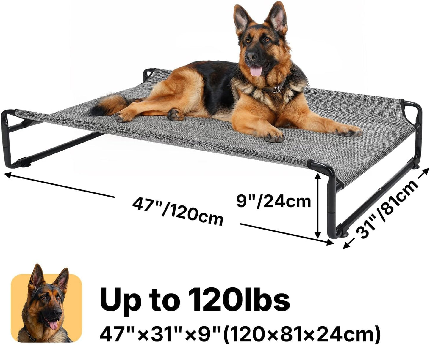 Veehoo Original Outdoor Elevated Dog Bed, Cooling Raised Dog Cot for Large Dogs, Portable Standing Pet Hammock Platform with Washable Breathable Mesh, No-Slip Feet, X-Large, Black Silver, CWC2201