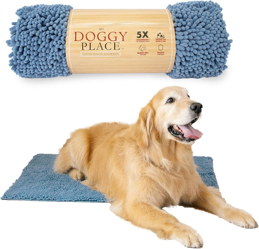 My Doggy Place Microfiber Dog Mat for Muddy Paws, 36" x 26" Faded Denim - Absorbent and Quick-Drying Dog Paw Cleaning Mat, Washer and Dryer Safe - Non-Slip Rubber Backed Dog Floor Mat, Large