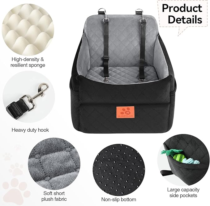 Dog Car Seat for Small/Medium Dogs, Dog Booster Car Seats with Thick Cushion for Dogs Under 35lbs, Detachable Washable Pet Car Seat with Storage Pockets, 2 Safety Belts(Black/Grey)